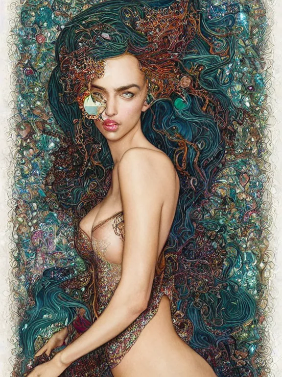 Prompt: a Mermaid Illustration of Irina Shayk,embellished sequined,crystal beaded,by Peter Mohrbacher,Chie Yoshii,Cedric Peyravernay,Phoebe Anna Traquair,William Morris,Catherine Nolin,metropolis,Gucci,Dior,trending on pinterest,maximalist,glittering