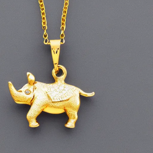 Image similar to a gold necklace with a diamond pendant shaped like a rhino