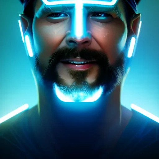 Image similar to tron legacy jesus, face closeup, laughing, diffuse lighting, hyper realistic, concept art, intricate, hyper detailed, smooth, sharp focus, illustration, trending on artstation, art by greg rutkowski and james gurney and alphonse mucha