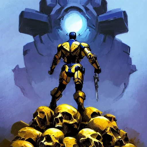 Image similar to a full body shot from distance from behind of a super soldier with a yellow and blue flag standing on a huge pile of skulls in triumph after battle, western, D&D, fantasy, intricate, elegant, highly detailed, digital painting, artstation, concept art, matte, sharp focus, symmetrical, illustration, art by Artgerm and Greg Rutkowski and Alphonse Mucha