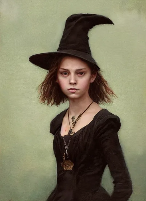 Image similar to a portrait of a thirteen year old girl with brown hair and a stern expression. she is wearing a green dress and a black pointed witch hat. beautiful painting with highly detailed face by greg rutkowski and raymond swanland