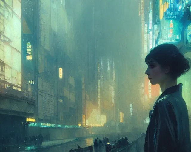 Image similar to 2 0 1 8 blade runner movie still girl look at the cityscape from roof perfect face fine realistic face pretty face neon puffy jacket blue futuristic sci - fi elegant by denis villeneuve tom anders zorn hans dragan bibin thoma greg rutkowski ismail inceoglu illustrated sand storm alphonse mucha