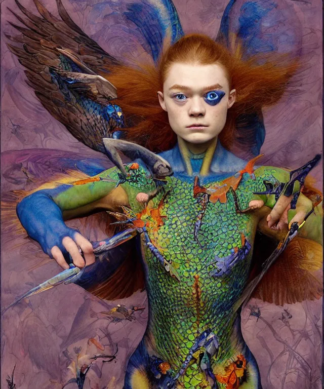 Prompt: a portrait photograph of a meditating fierce sadie sink as a colorful harpy hawk super hero with blue spotted skin with scales. her body is transforming into a alien amphibian. by donato giancola, hans holbein, walton ford, gaston bussiere, peter mohrbacher and brian froud. 8 k, cgsociety, fashion editorial