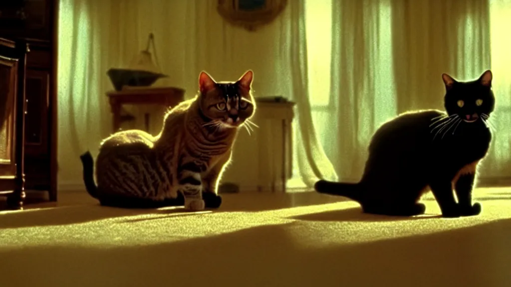 Image similar to an average american cat in the living room, film still from the movie directed by Denis Villeneuve with art direction by Salvador Dalí, wide lens