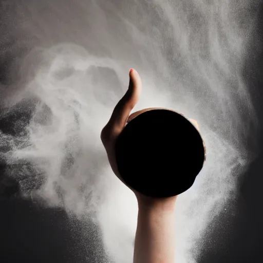 Image similar to a photo of two hands manipulating a smooth dough floating and spinning in the air, black background, flour dust spray, backlit, high quality action photography, studio photo, 50mm