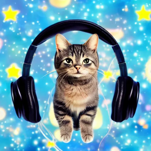 Prompt: Cute cat wearing headphones, galaxy background