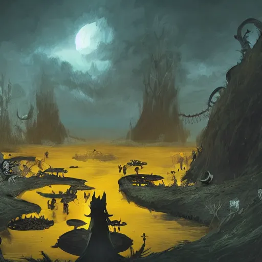 Image similar to vantablack graveyard and demons with a yellow river, artstation