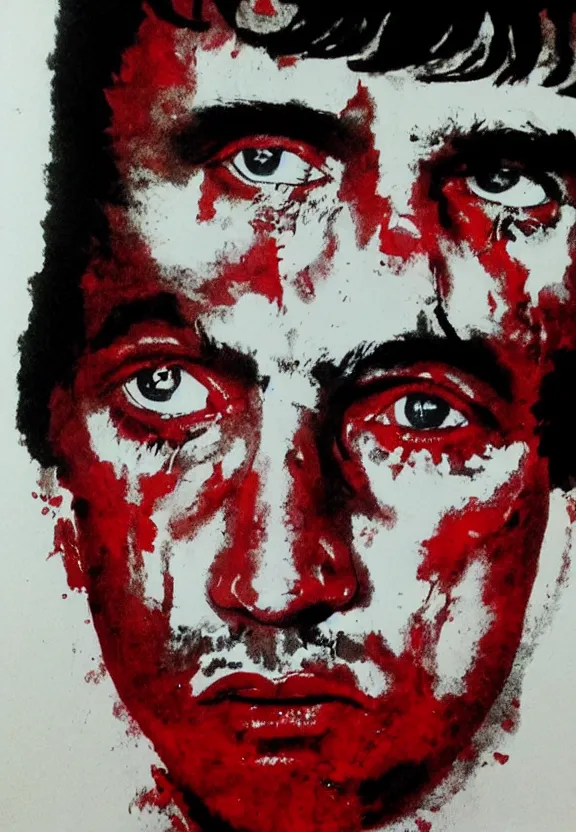 Prompt: close up. perfect symmetric face, coherent symmetric eyes. detailed face. portrait of tony montana from movie scarface. high detailed. red and black ink paint