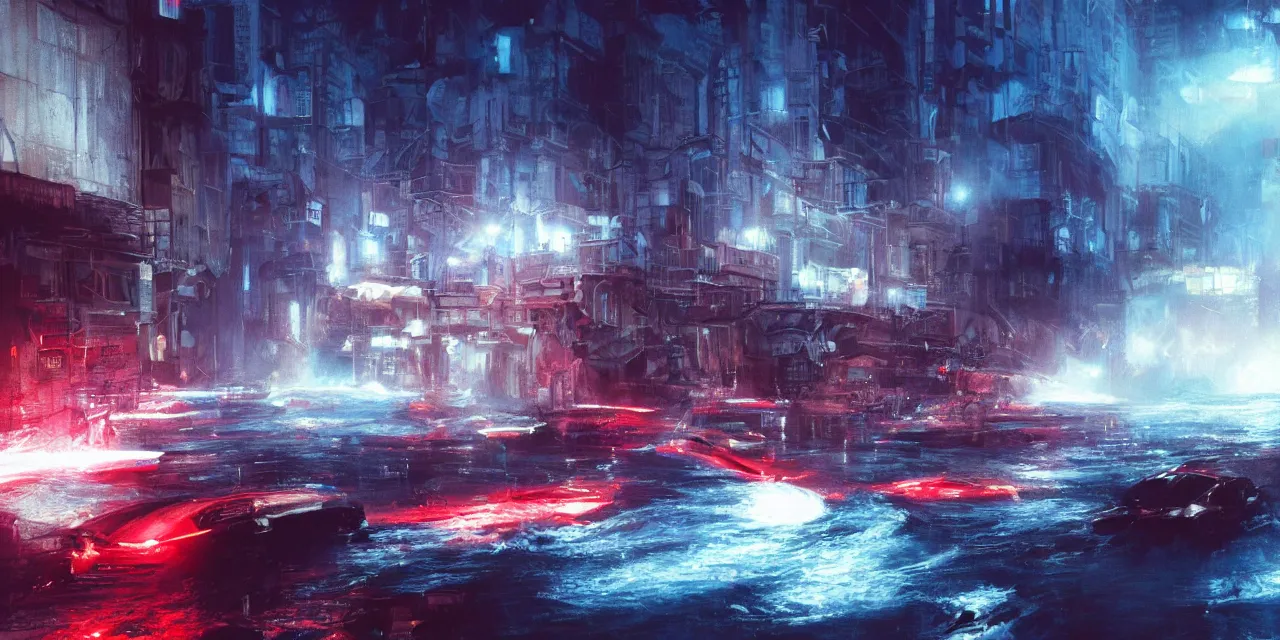 Image similar to street level view of turbulent river rapids rushing through a city at night , volumetric lighting, blue and red glowing lights, 4k, octane, digital painting, artstation, concept art, sharp focus, illustration, high contrast, high saturation , cinematic film still, by Jeremy Mann