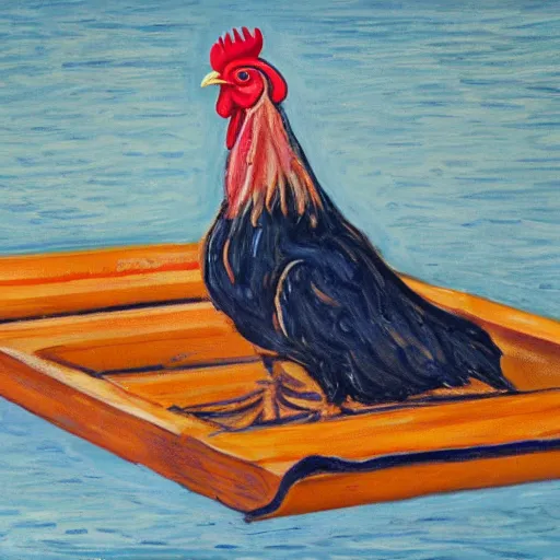 Prompt: painting of a chicken made of chicken wings on a raft, realistic, stylized, artstation, edward munch