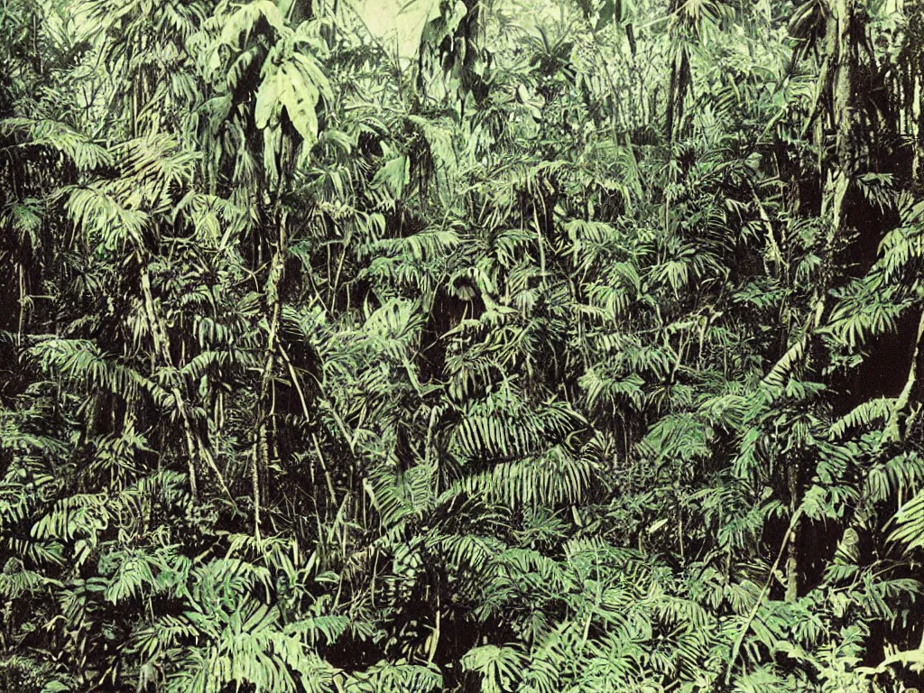 Prompt: old photo of black pyramid in a jungle in color