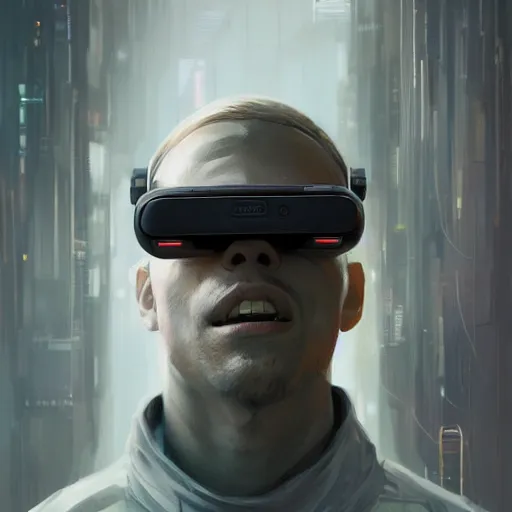 Image similar to Portrait of a man by Greg Rutkowski, symmetrical face, a young man using a VR headset, Kubrick stare, crooked smile, highly detailed portrait, scifi, digital painting, artstation, book cover, cyberpunk, concept art, smooth, sharp foccus ilustration, Artstation HQ