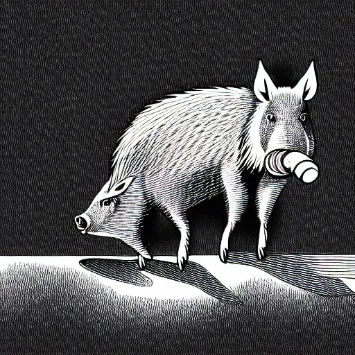 Image similar to book illustration of a wild boar eating gummy worms, book illustration, monochromatic, white background, black and white image