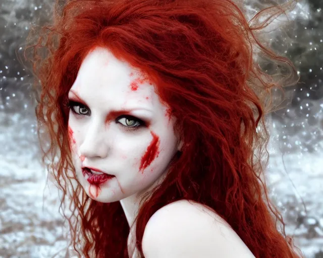 Image similar to award winning 5 5 mm close up face portrait photo of an anesthetic and beautiful redhead vampire lady who looks directly at the camera with bloodred wavy hair, intricate eyes that look like gems and long sharp fangs, in a park by luis royo. rule of thirds.