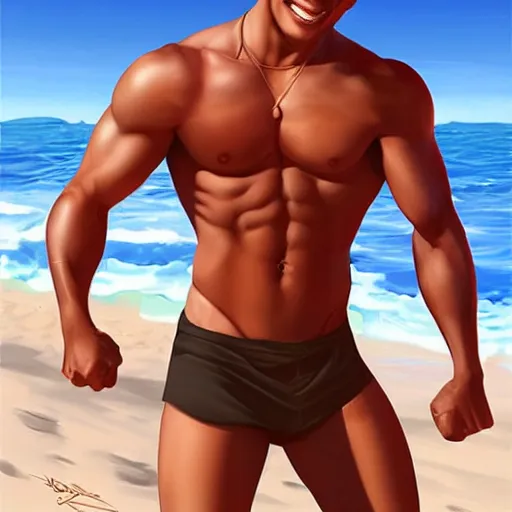 Image similar to A Buff Young Latino Male Lifeguard at the Beach, short black hair, brown eyes, slight smile, art by Artgerm, artstation