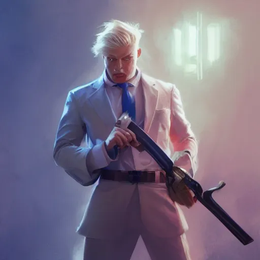 Image similar to a man with blonde hair in a blue suit wielding a large sword and a gun in a holster, fantasy, digital painting, volumetric light, intricate, sharp, focus, bloom, illustration, highly detailed, concept art, matte, ruan jia, randy vargas, greg rutkowski