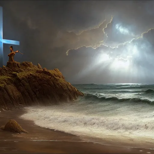 Image similar to a highly detailed matte painting of a large cross standing on the beach as a storm comes in with the tide, epic fantasy, god rays, rocky beach, ultrawide lense, aerial photography, unreal engine, exquisite detail, 8 k, art by greg rutkowski and alphonse mucha