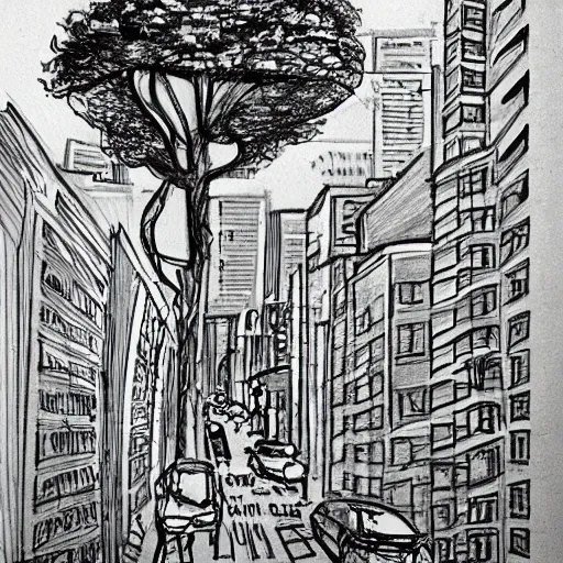 Image similar to a world enriched by health, cities flourishing, nature befriended and grow over buildings, high quality sketch art