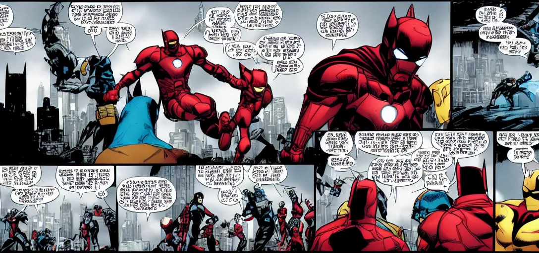 Image similar to comic panel from BATMAN: UNDER THE RED HOOD with Iron Man as Batman