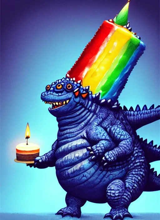 Prompt: portrait of a happy small fat blue godzilla with a birthday cake, wearing a funny rainbow hat, intricate, elegant, candle light, highly detailed, digital painting, artstation, concept art, smooth, sharp focus, illustration, art by wlop, mars ravelo and greg rutkowski