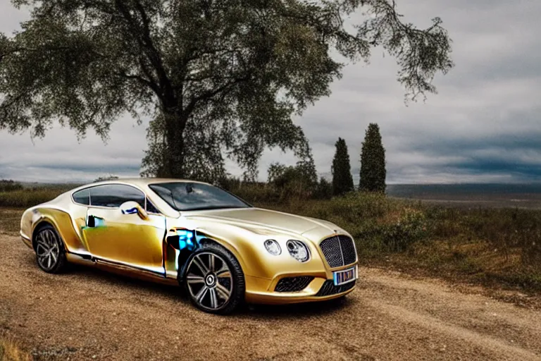 Image similar to Bentley Continental GT in shiny gold film drives along old Russian village road