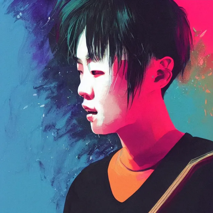 Image similar to a young korean man wearing black t shirt plays electric guitar on stage, dramatic lighting, glowy, matte colors, fascinating music, by conrad roset, dramatic brush painting, trending on artstation