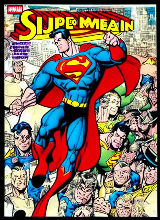 Image similar to 1 9 9 8 issue of jla cover depicting superman by ed mcguinness, masterpiece ink illustration,