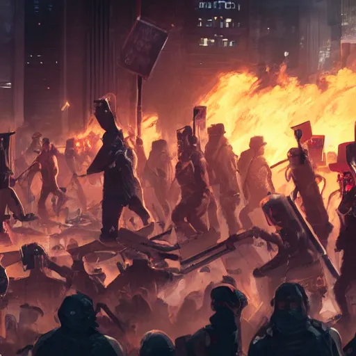 Prompt: angry rioters with placards, detailed digital illustration by greg rutkowski, fire, android netrunner