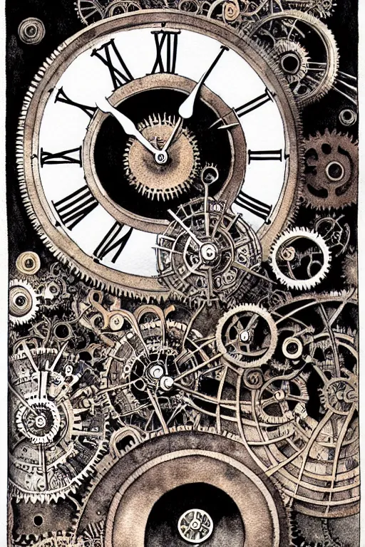 Image similar to steampunk gears, and eternal clock without numbers, dark and gothic, full frame, art by kay nielsen and walter crane, black and white illustration style, watercolor