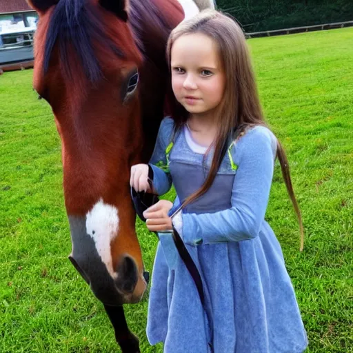 Prompt: a horse mounting a little girl