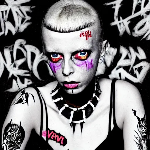 Prompt: die antwoord yolandi portrait, back and white, zef design graffiti in the background, dark lighting, freaky, digital art otomo katsuhiro