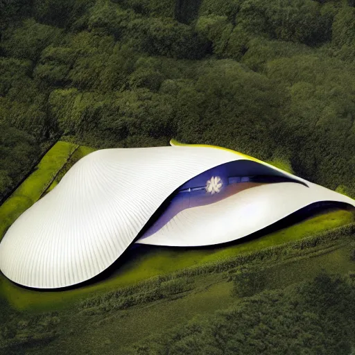 Prompt: architecture ad for a mid-century modern house in Gaspé, designed by Zaha Hadid. Shell. Aerial view. Film grain, cinematic, colorized, yellow hue