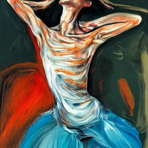 Image similar to high quality high detail painting of a ballerina in agony by lucian freud and jenny saville and francis bacon, hd, dark demonic dancer, turquoise and orange