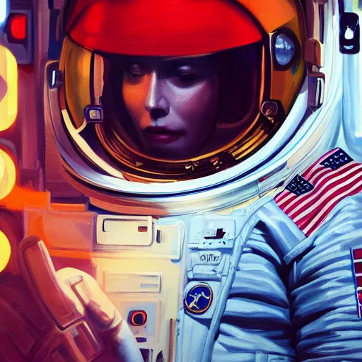 Image similar to a portrait of an intensely lit female astronaut in space station, red, oil painting, pale colors, high detail, 8 k, wide angle, trending on artstation,