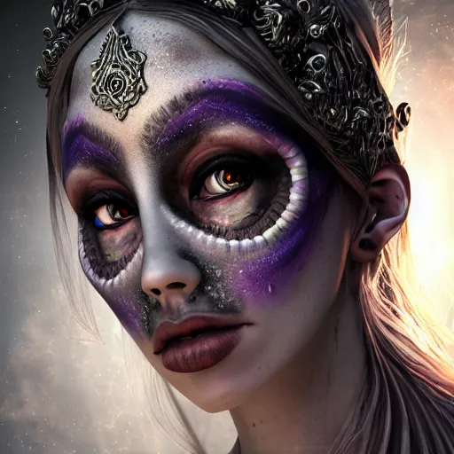 Prompt: photorealistic gothic lunar goddess. hyperdetailed photorealism, 1 0 8 megapixels, amazing depth, glowing rich colors, powerful imagery, psychedelic overtones, 3 d finalrender, 3 d shading, cinematic lighting, artstation concept art