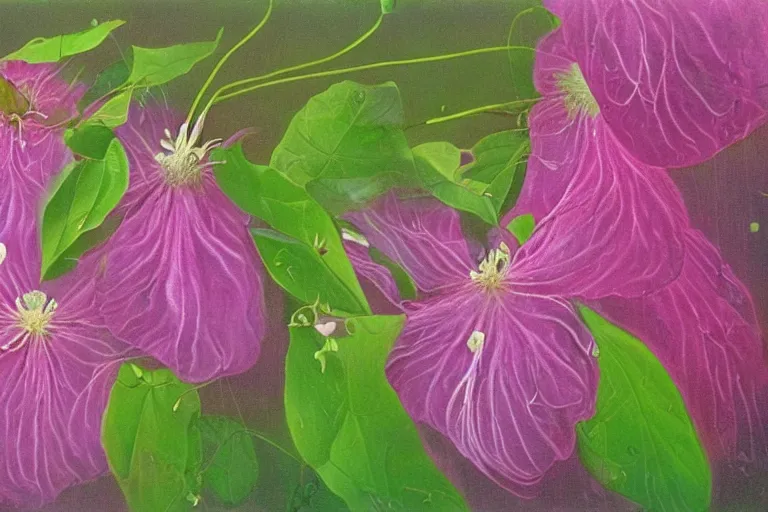 Image similar to pink dripping clematis flower liquefying, each petal dripping with many droplets of viscous pink liquid by salvador dali, oil on canvas