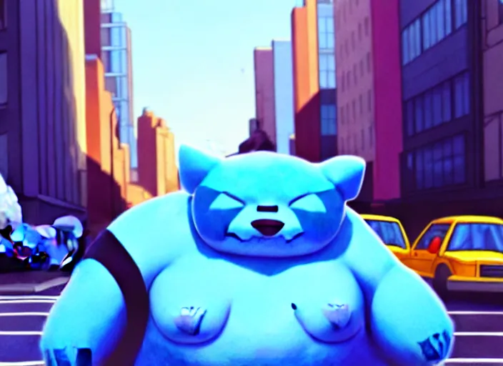 Image similar to snorlax blocks a city street. a giant blue bear creature blocks the way of a city street. photorealism, detailed painting, trending on artstation