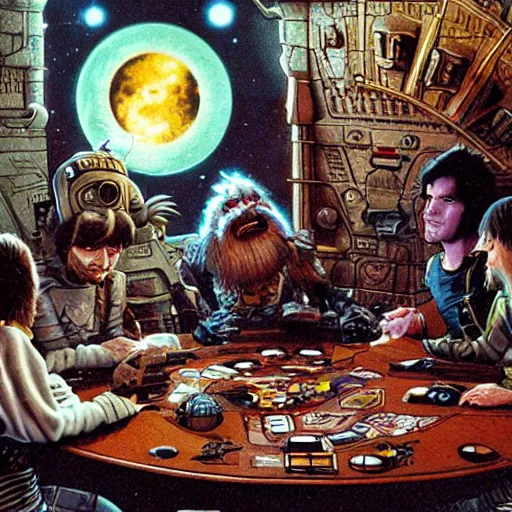 Image similar to scruffy punk starship crew sitting at table and playing dungeons & dragons, extraterrestrials, alien 1 9 7 9, ron cobb, jim henson creature shop, mike mignogna, highly detailed, comic book, science fiction, used future