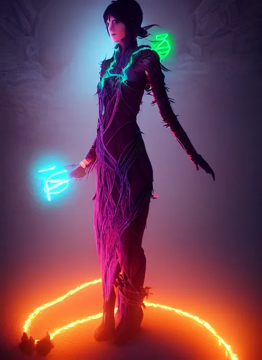 Image similar to high fantasy and sci - fi elvish rogue wearing a bioluminescent vine dress, surrounded by elvish glowing runes cinematic shot in the style of final fantasy, cinematic lighting, hyperdetailed, 8 k realistic, global illumination, mysterious light, dof, trending on artstation, digital art