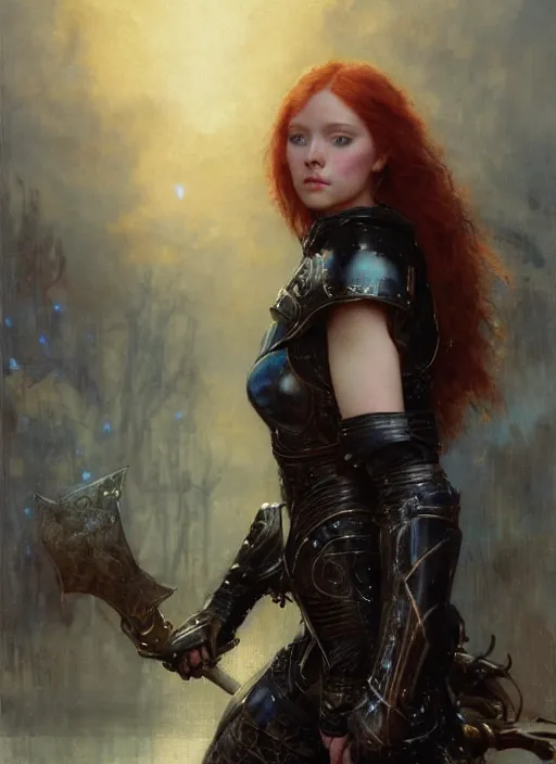 Image similar to young beautiful mischievous blue eyed redheaded woman wearing black medieval armour, detailed, by gaston bussiere, bayard wu, greg rutkowski, giger, maxim verehin, greg rutkowski, masterpiece, sharp focus, cinematic lightning