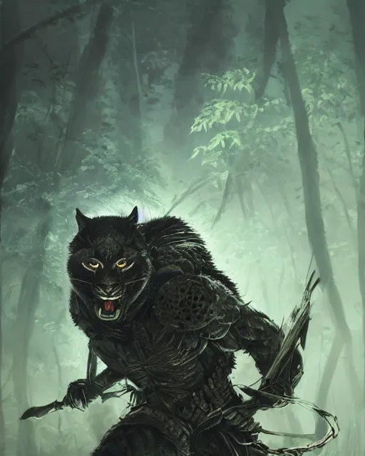 Image similar to Panther warrior in armor sneaking in jungle, portrait, dark fur, glowing eyes, magic the gathering artwork, D&D, fantasy, cinematic lighting, centered, symmetrical, highly detailed, digital painting, artstation, concept art, smooth, sharp focus, illustration, volumetric lighting, epic Composition, 8k, art by Akihiko Yoshida and Greg Rutkowski and Craig Mullins, oil painting, cgsociety