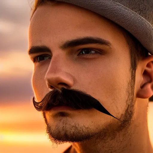 Image similar to closeup of a young gentlemen's face with a mustache, 4K, beautiful, sunset