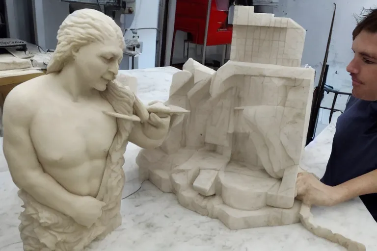 Image similar to a sculptor carving a 3 d printer from a block of marble