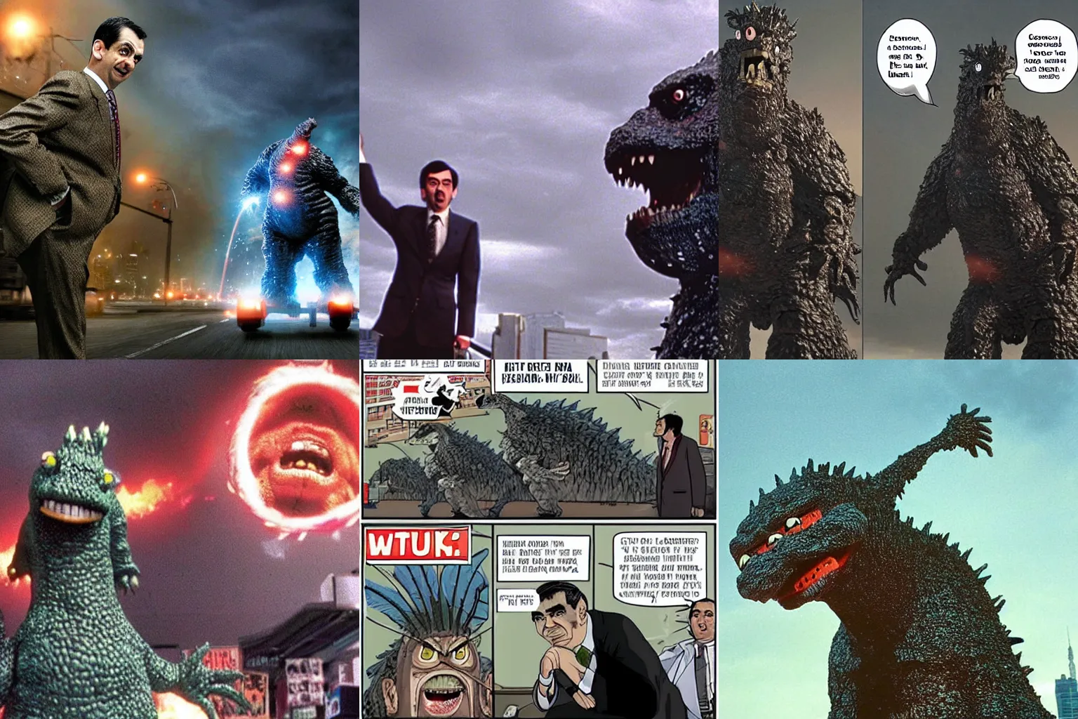 Prompt: Mr. Bean as Godzilla destroying Tokio