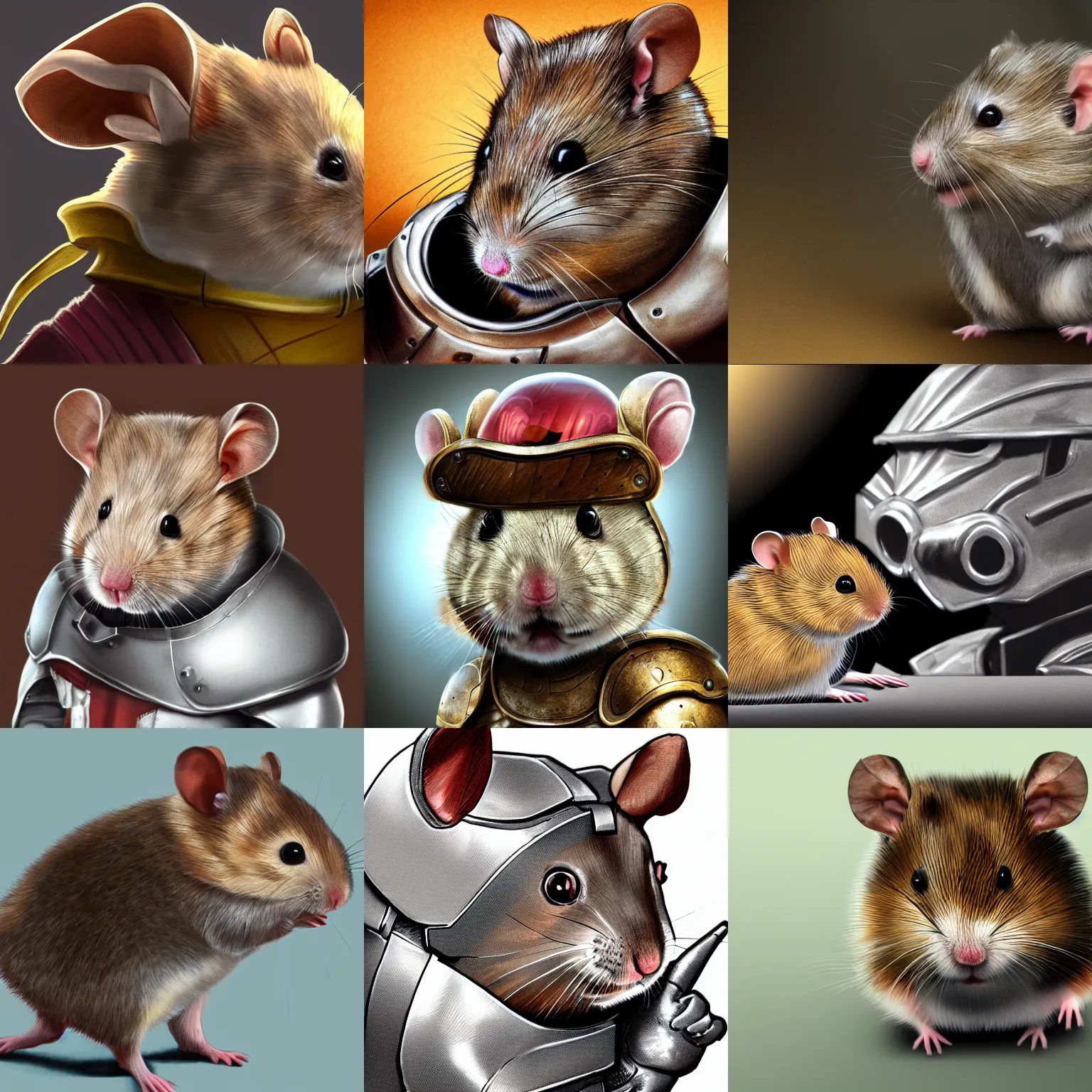 Prompt: A hyper realistic, highly detailed, digital artwork of a hamster peeping out of a suit of armor, dynamic lighting