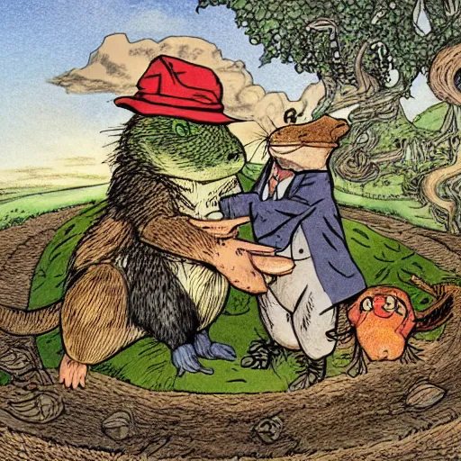 Image similar to colored illustration for the book wind in the willows, with toad welcominging his friends mole, water rat, and badger to toad hall, in style of sir john tenniel