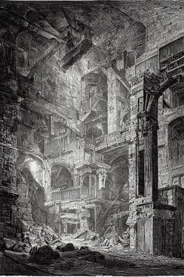 Image similar to an engraving of a medieval dungeon, carceri d'invenzione, by giovanni battista piranesi, gustave dore, volumetric lighting