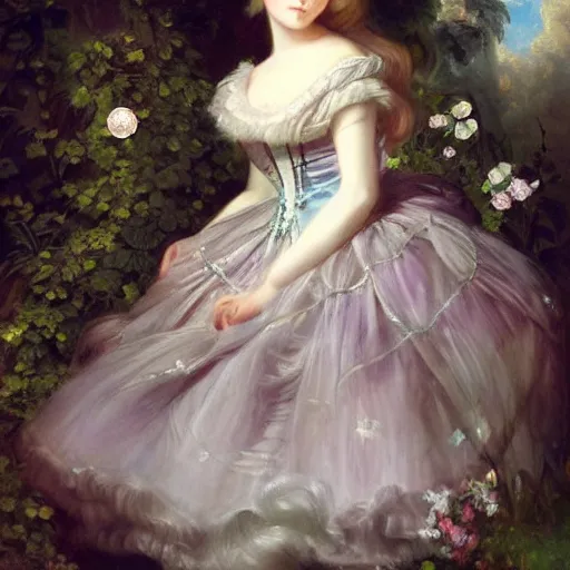 Image similar to Alice in Wonderland,a portrait of a beautiful Silver hair girl,Diamonds Blaze,Rose twining,luxuriant,dreamy, eternity, romantic,highly detailed,in the style of Franz Xaver Winterhalter, highly detailed,night lighting