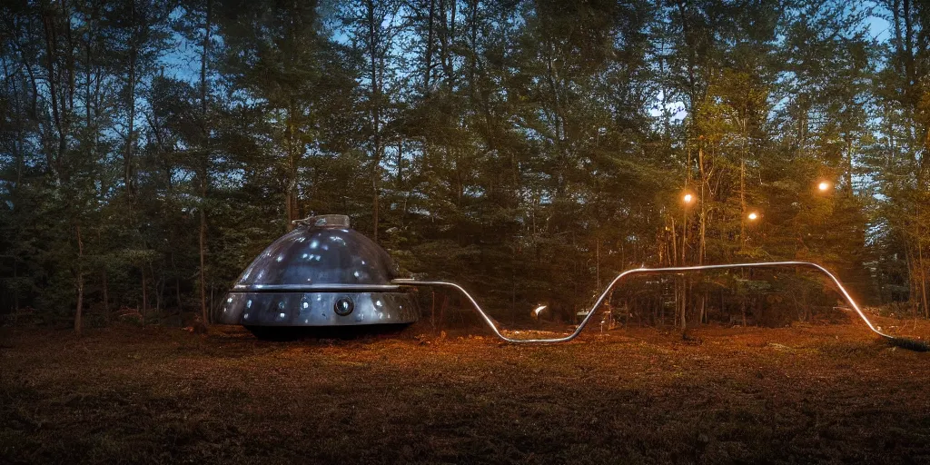 Prompt: an alien craft landed in the woods, shiny and metallic, night time, volumetric lighting, wide shot