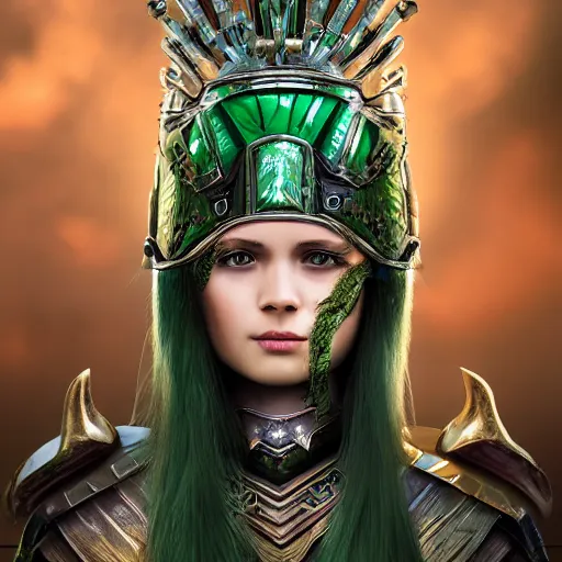 Image similar to cute warrior queen with malachite armour, highly detailed, 4k, HDR, smooth, sharp focus, hyper realistic, high resolution, award-winning photo